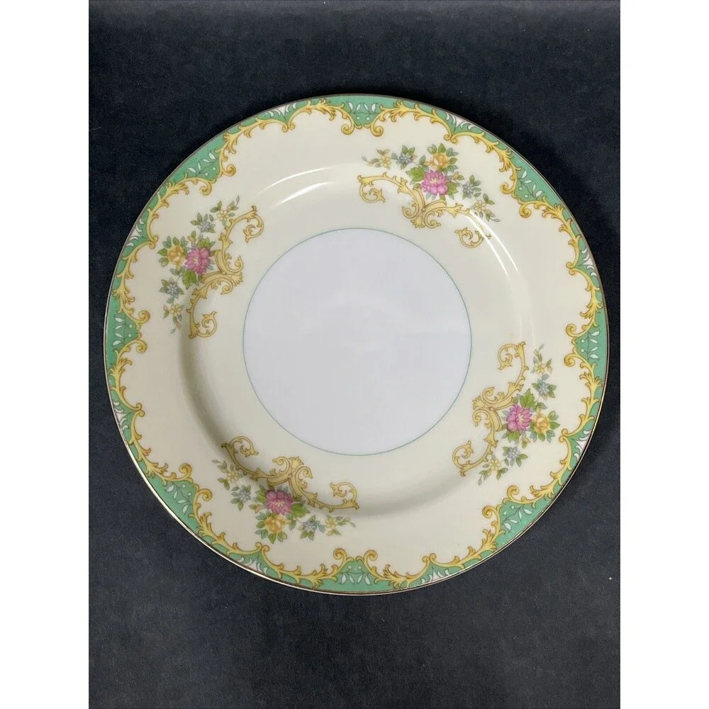 1930s Noritake Tiffany M Teacup Saucer Plate 4 Pc Set Gold Trim Ivory Aqua Beige